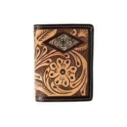 M&amp;F Men's 3D Trifold Hand Tooled with Floral Diamond and Calf Hair- Brown