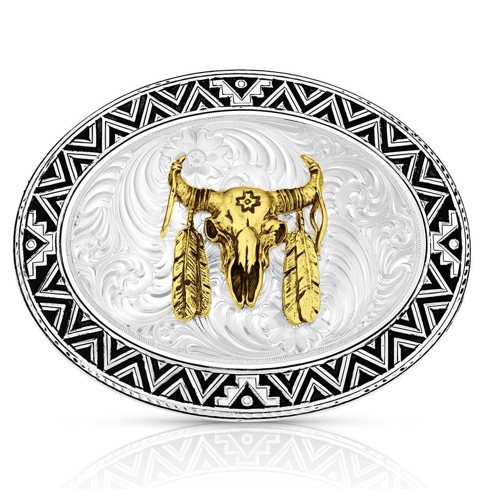 Montana Silversmiths Men's Oval Aztec Border Dancing Compass with Buffalo Skull Buckle