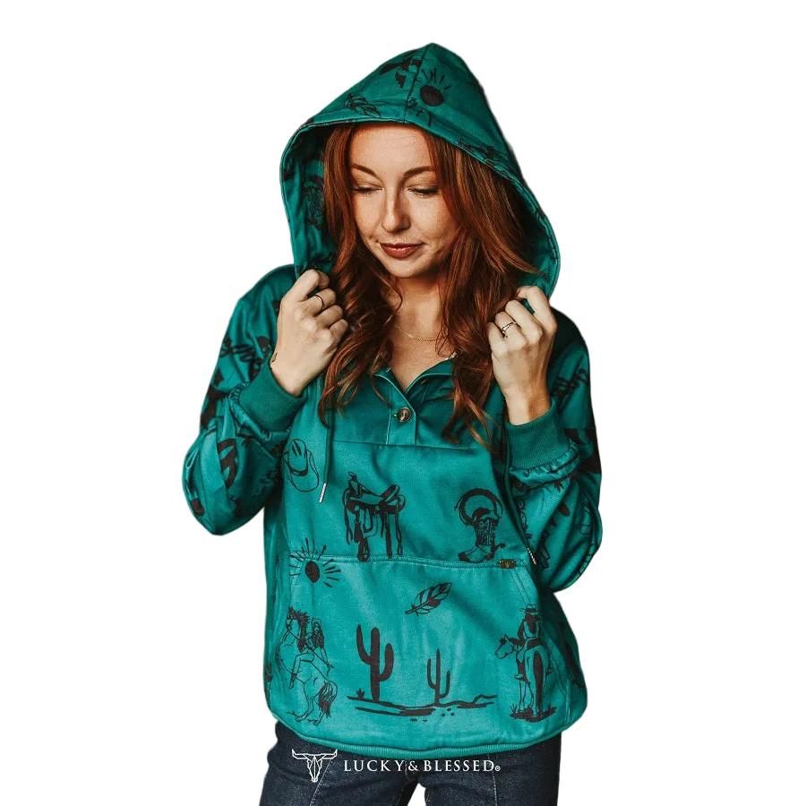 Lucky &amp; Blessed Women's Printed Western Desert Sweatshirt Hoodie - Jade
