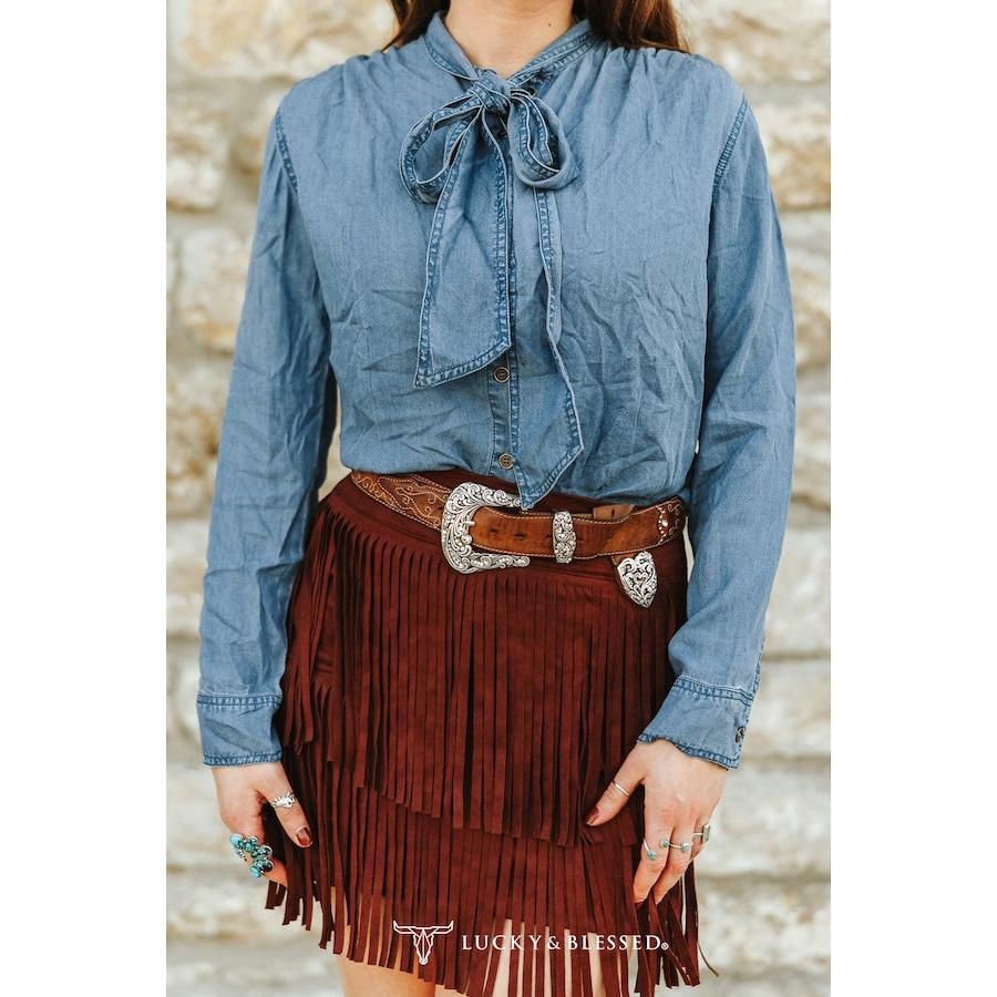 Lucky &amp; Blessed Women's Tencel Denim Front Bow Tie Long Sleeve Blouse - Mid Wash