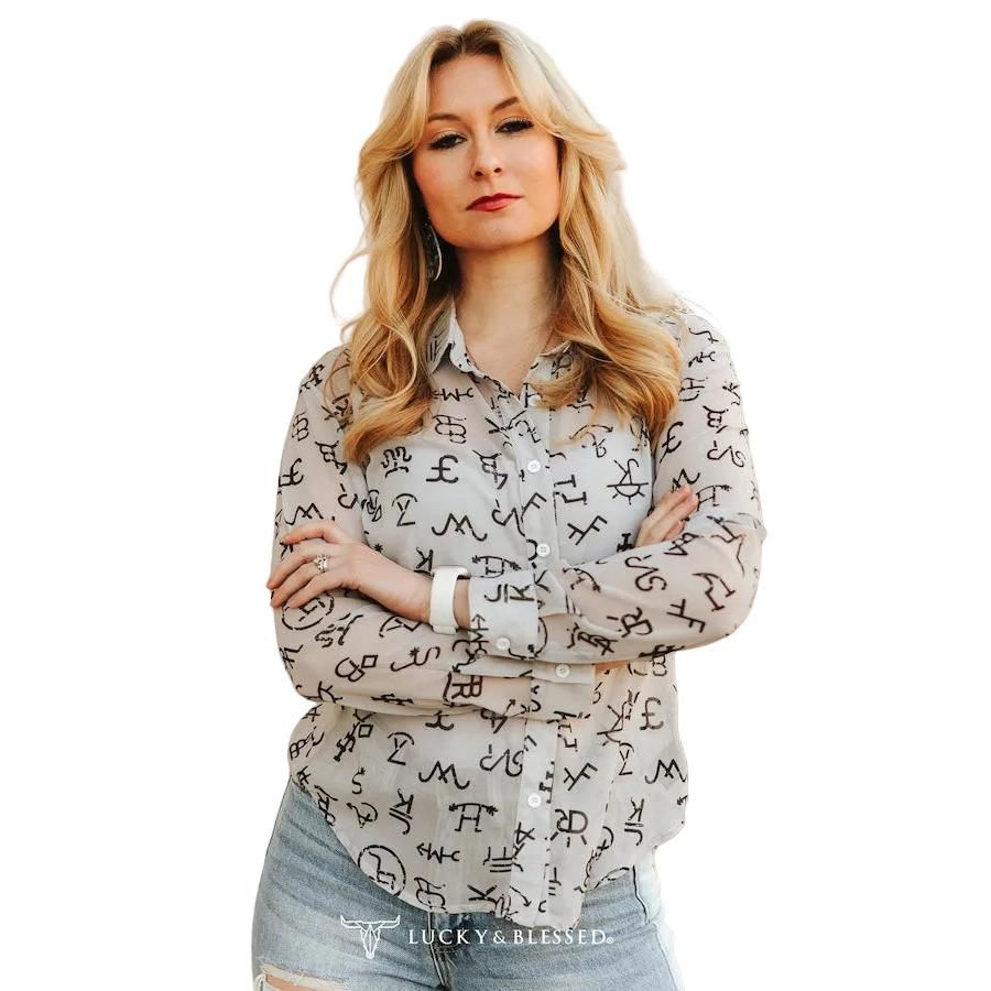 Lucky &amp; Blessed Women's Western Branded Logo Print Chiffon LS Shirt - Ivory