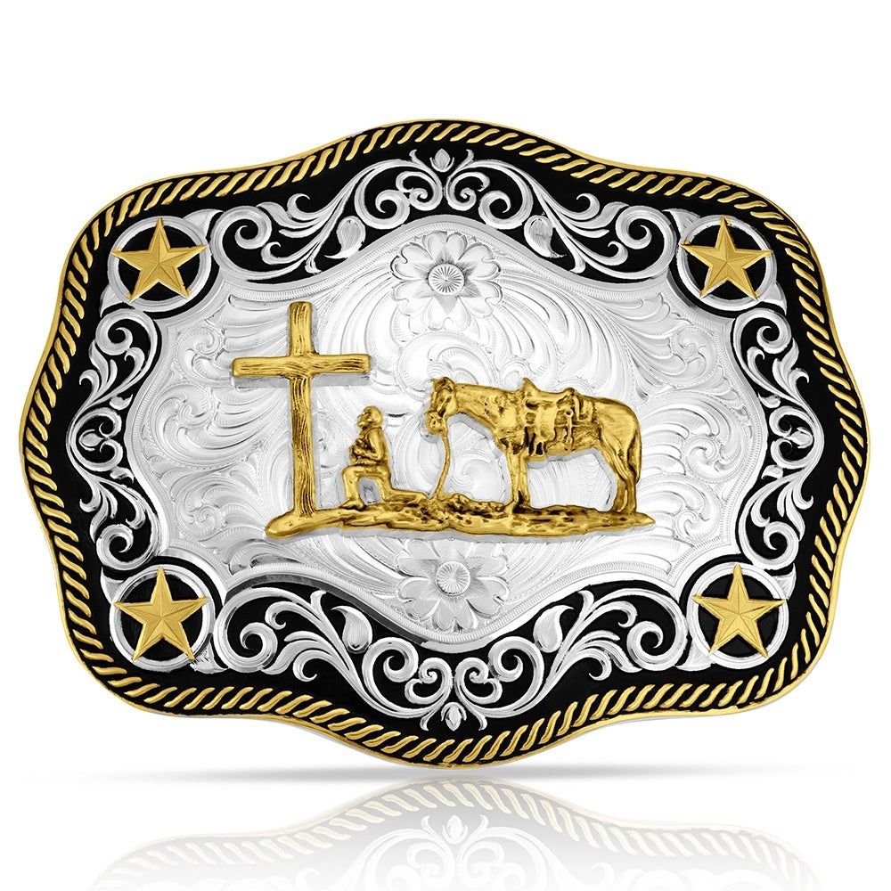 Montana Silversmiths Men's Four Star Filigree Edge with Christian Cowboy Buckle