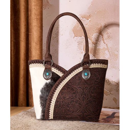 Montana West Tooled &amp; Cowhide Whipstitch Tote Bag- Coffee