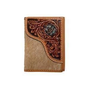 Nocona Men's Trifold Wallet Tooled Overlay Feather with Concho - Tan