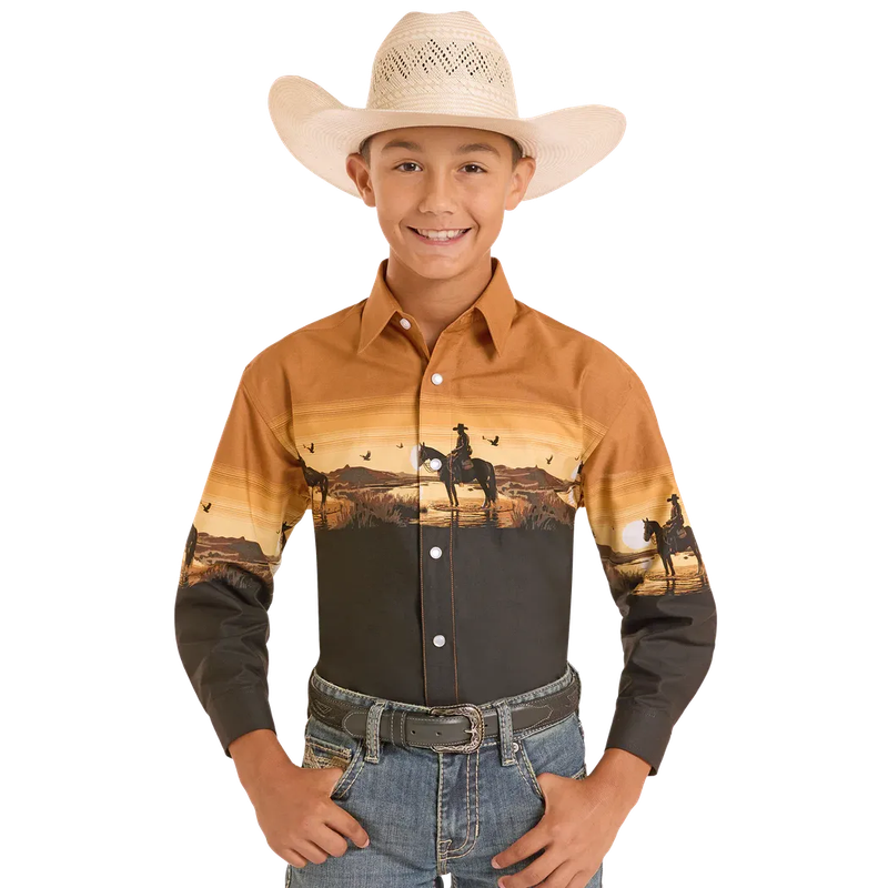 Panhandle Slim Boy's Sunset Border Long Sleeve Snap Shirt - Tan