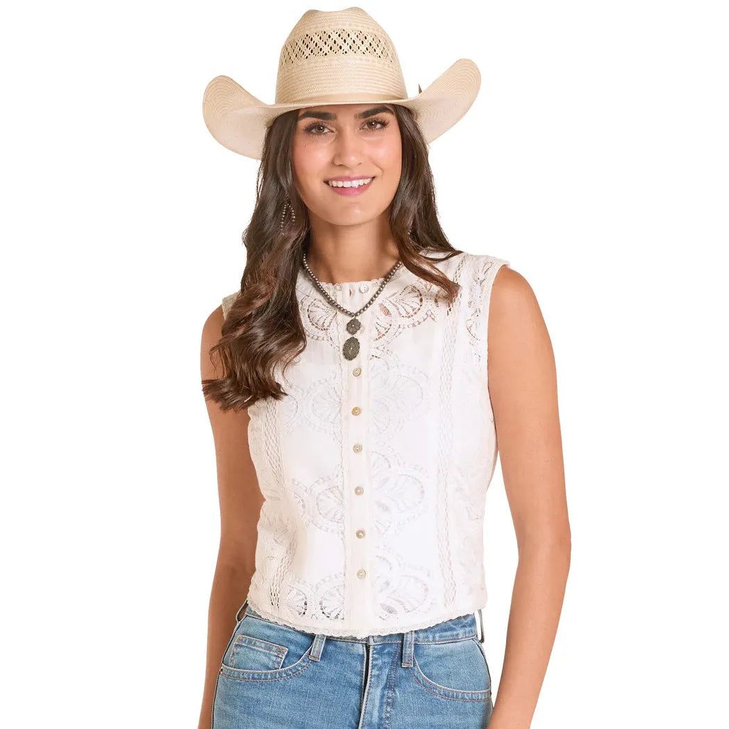 Panhandle Slim Women's Lace Insert Sleeveless Shirt - White