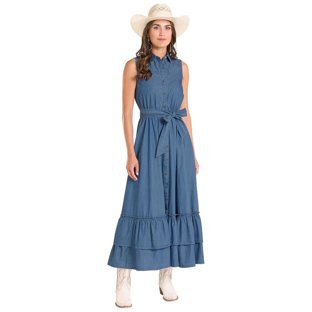 Panhandle Slim Women's Sleeveless Maxi Denim Dress - Medium Wash