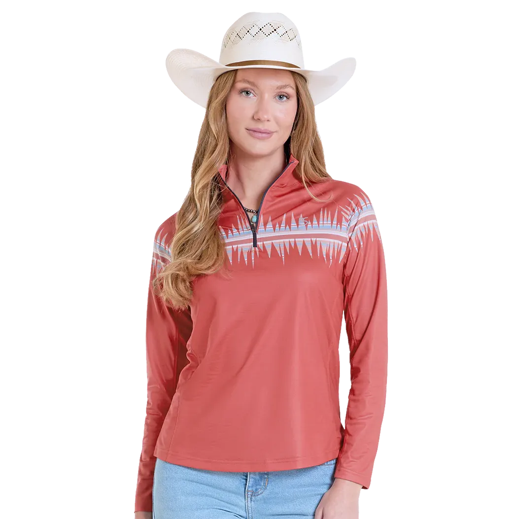 Panhandle Women's Border Print Long Sleeve Performance Quarter Zip Pullover - Rust