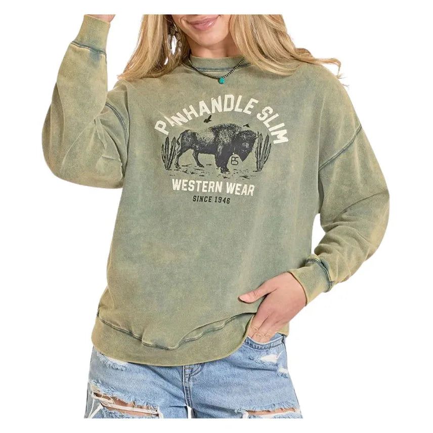 Panhandle Women's Buffalo Graphic Long Sleeve Pullover Sweatshirt - Jade