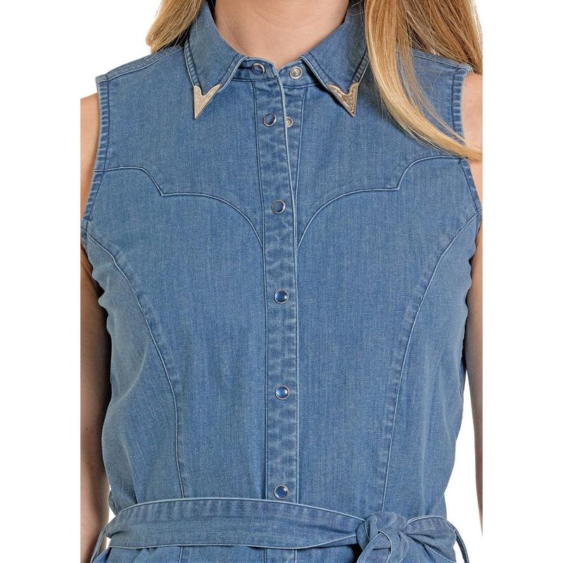 Panhandle Women's Denim Sleeveless Snap Detailed Collar Shirt Dress - Dark Wash