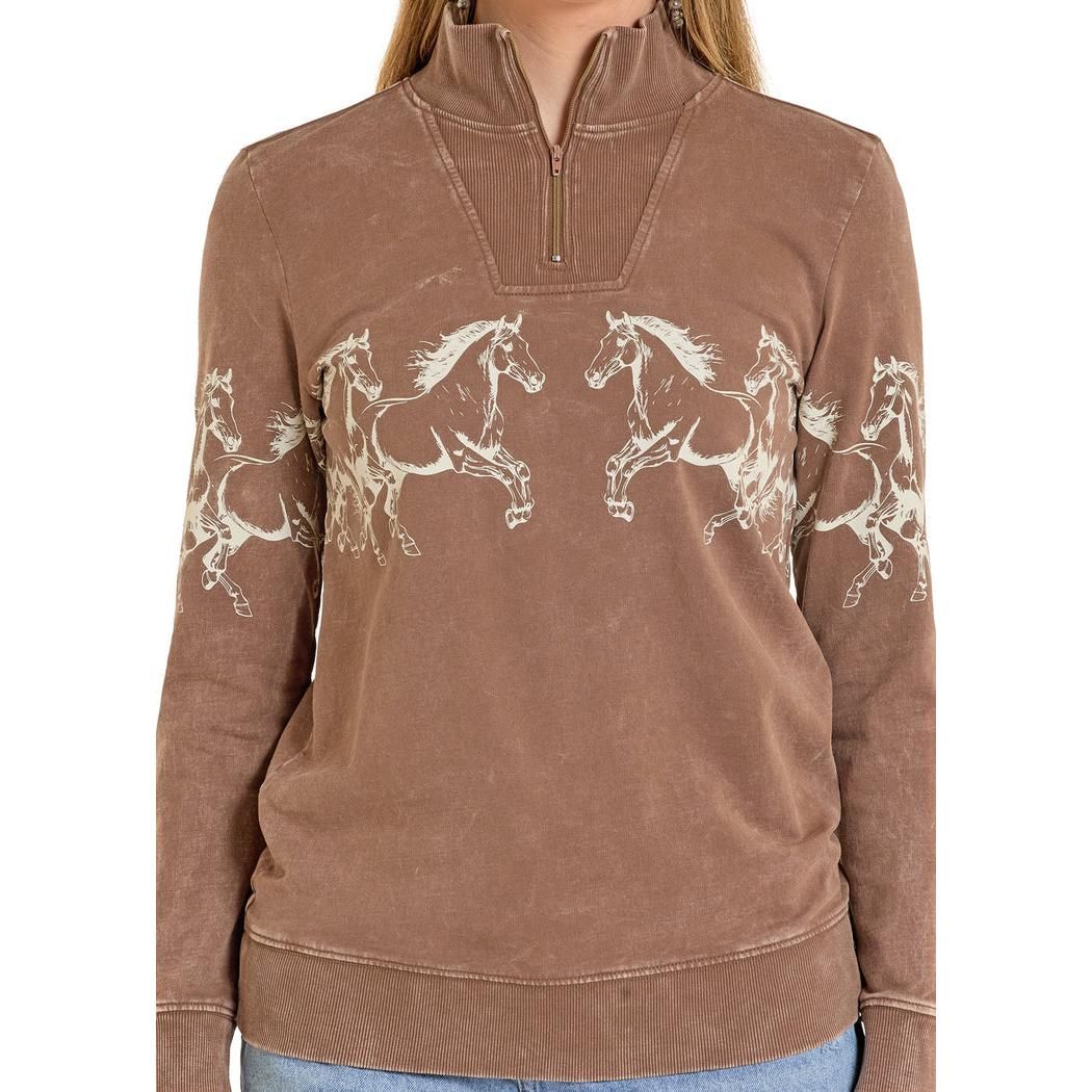 Panhandle Women's Horse Border Print 1/4 Zip Long Sleeve Pullover - Brown