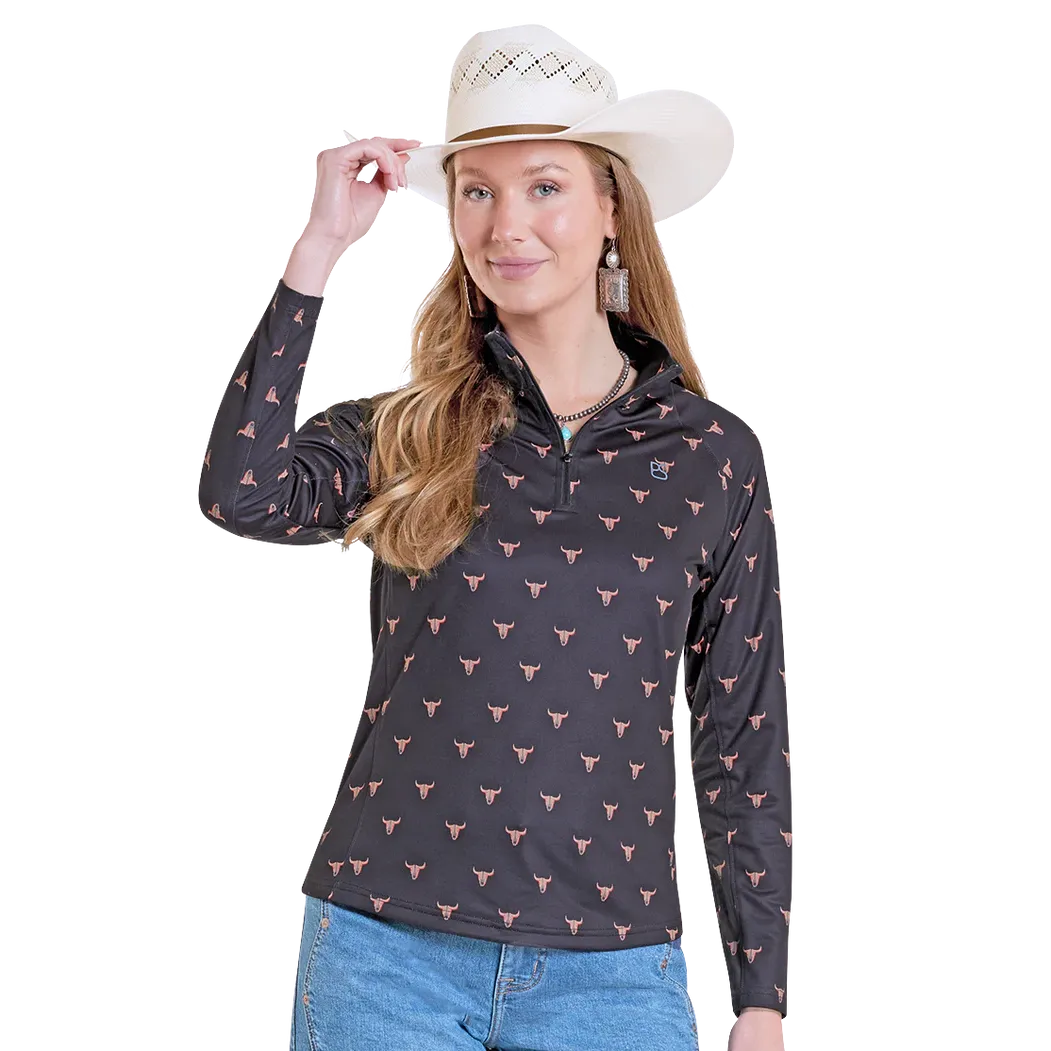 Panhandle Women's Skull Print Performance Quarter Zip Long Sleeve Pullover - Black