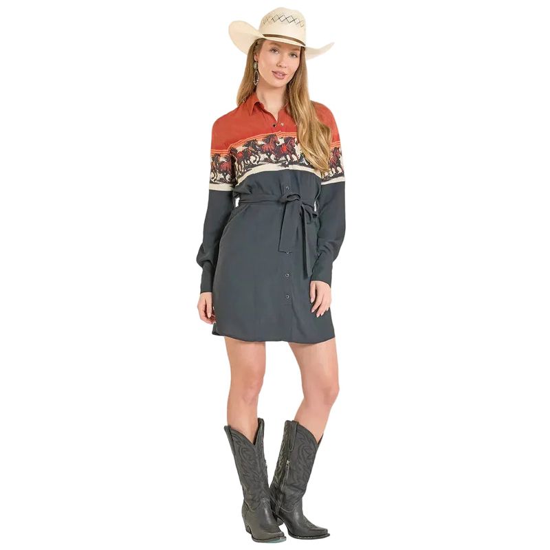 Panhandle Women's Wild Horses Border Shirt Dress - Black