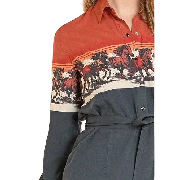 Panhandle Women's Wild Horses Border Shirt Dress - Black
