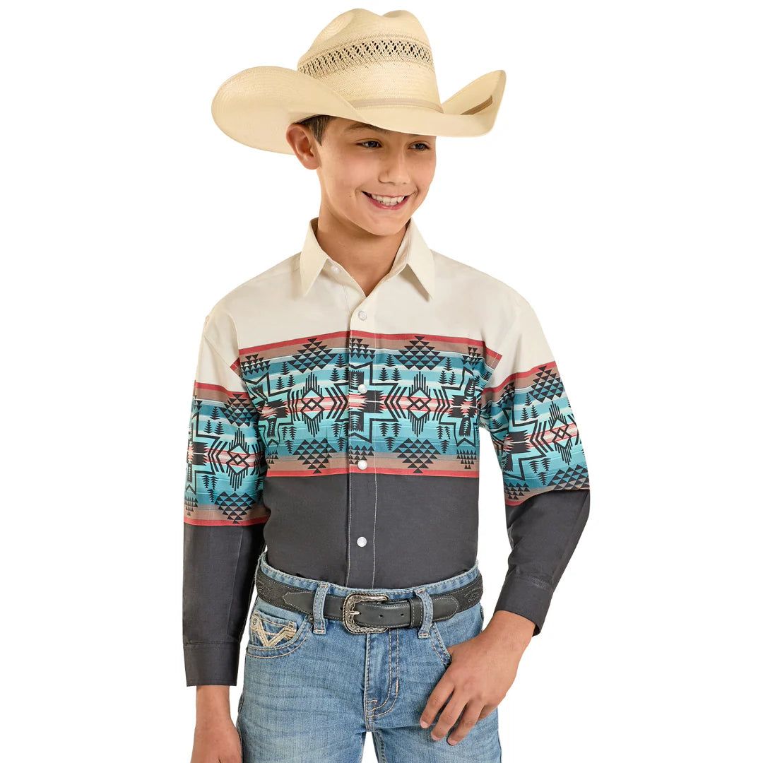 Rock &amp; Roll Boy's Long Sleeve Snap Borders Shirt - Tan