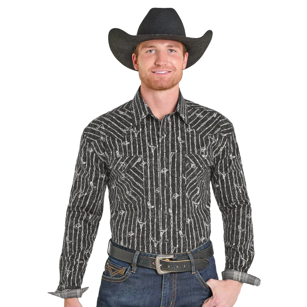 Panhandle Men's Rough Stock Barbwire Steer Long Sleeve Snap Shirt - Black