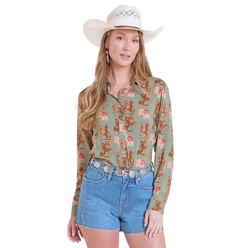 Panhandle Women's Vintage Stamp Print Long Sleeve Shirt/Blouse - Jade
