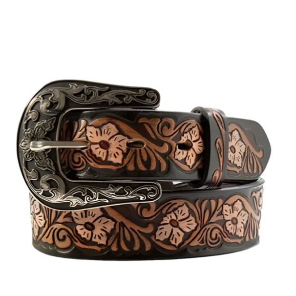 Nocona Girl's Floral Hand Tooled Belt- Black/Brown