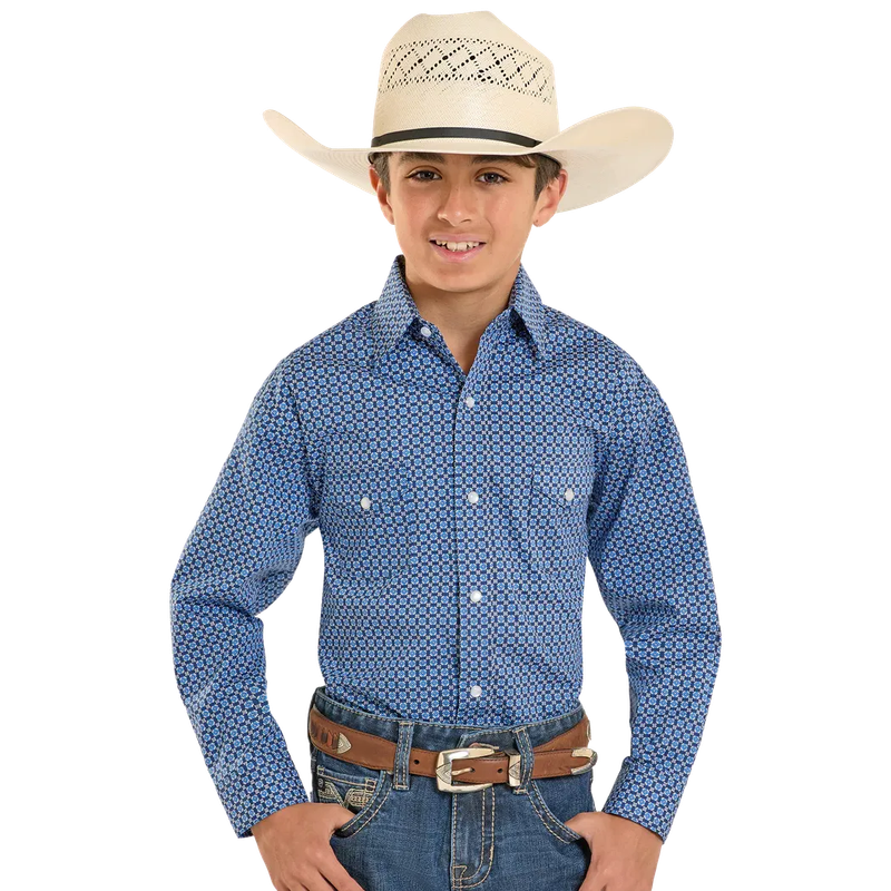 Panhandle Boy's Rough Stock Geo Print Long Sleeve 2 Pocket Snap Shirt - Blue