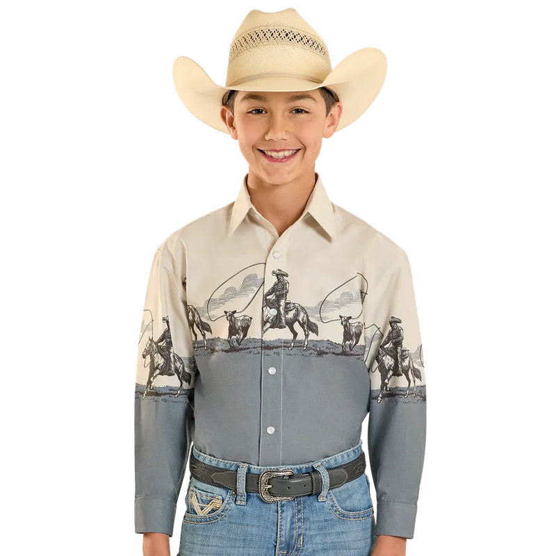 Panhandle Boy's Traditional Cowboy Print Long Sleeve Border Shirt - Tan
