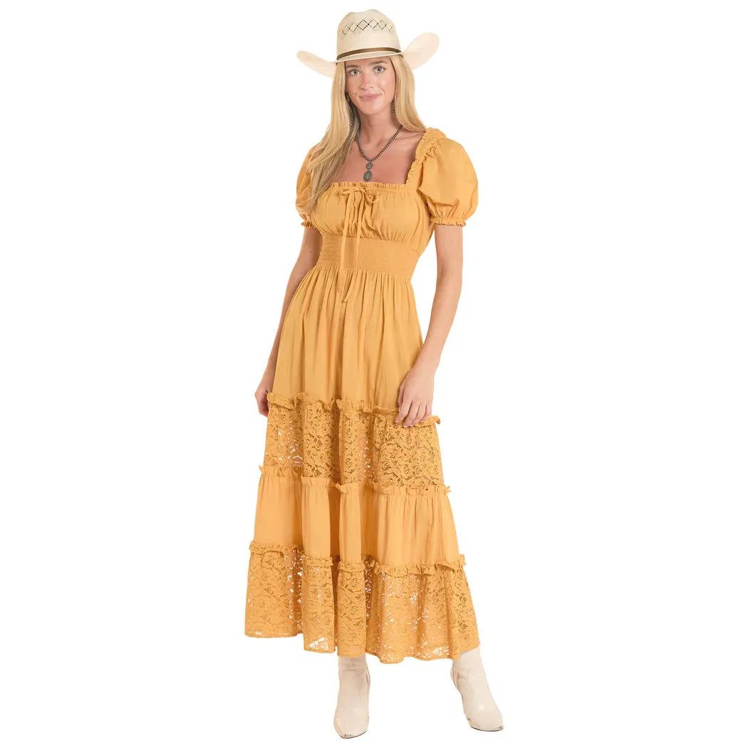 Panhandle Slim Women's Puff Short Sleeve Lace Tiered Maxi Dress - Mustard