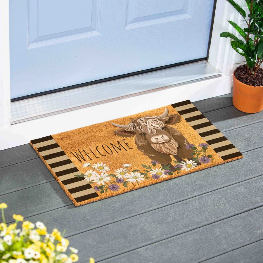 Petal &amp; Plow Highland Cow Coir Outdoor Mat- 28 X 16