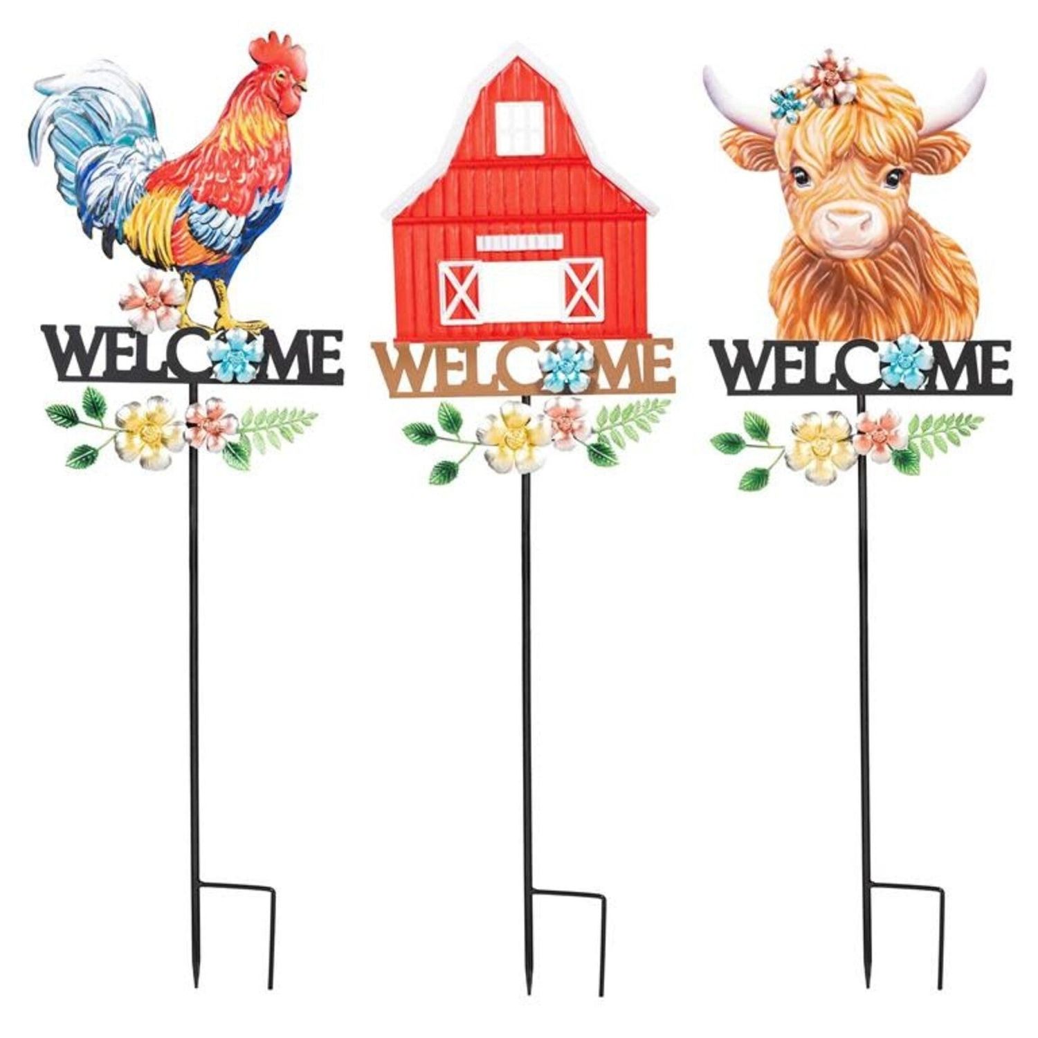 Petal &amp; Plow Metal Garden Stake- Barn/Cow/Rooster