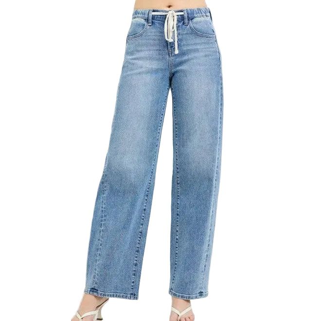 Risen Women's Elastic Band Slouchy Barrel w/ Waist Band String Jeans - Light
