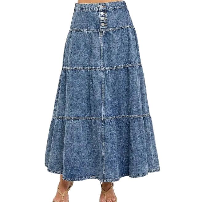 Risen Women's High Rise Ruffle Long Skirt - Medium
