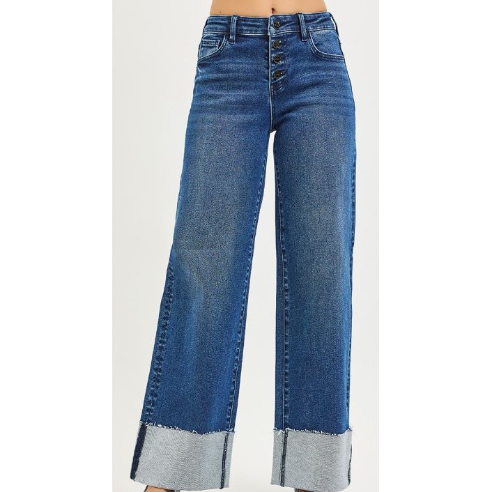 Risen Women's Slouchy Wide Leg Jeans with Cuffed Hem- Dark Wash