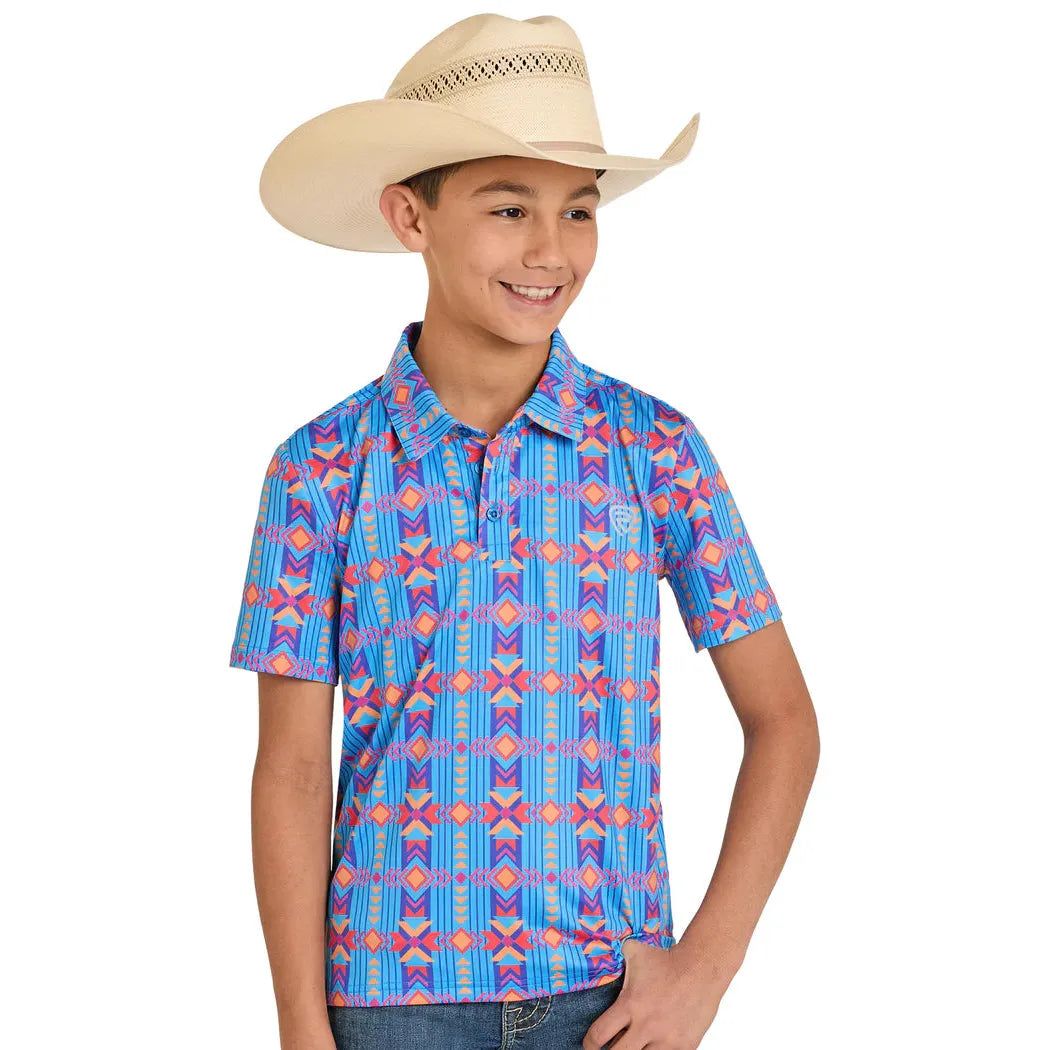 Rock &amp; Roll Boy's Vertical Southwest Aztec Print Short Sleeve Polo Shirt - Sapphire