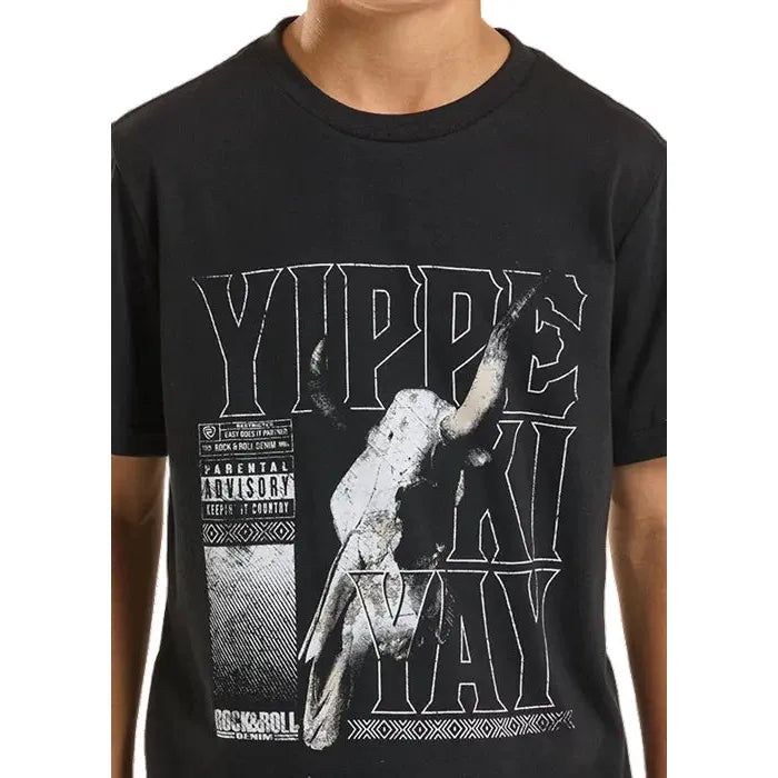 Rock &amp; Roll Boy's Yippe Ki Yay Skull Graphic Tee Shirt - Black