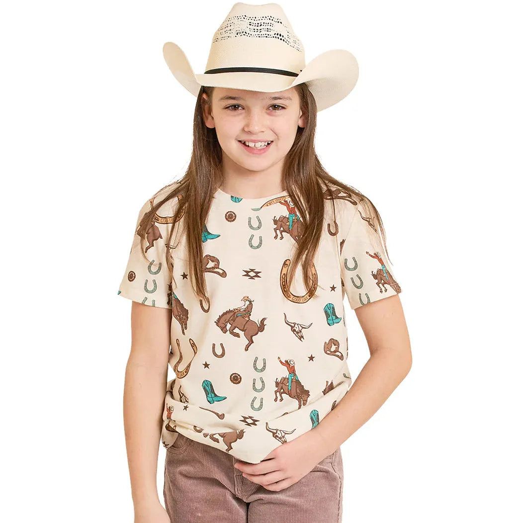 Rock &amp; Roll Girl's Western Conversational Print Short Sleeve Tee - Natural