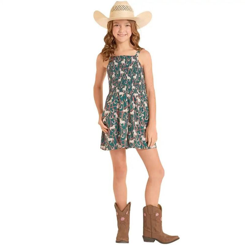 Rock &amp; Roll Girl's Horse Print Romper - Evergreen
