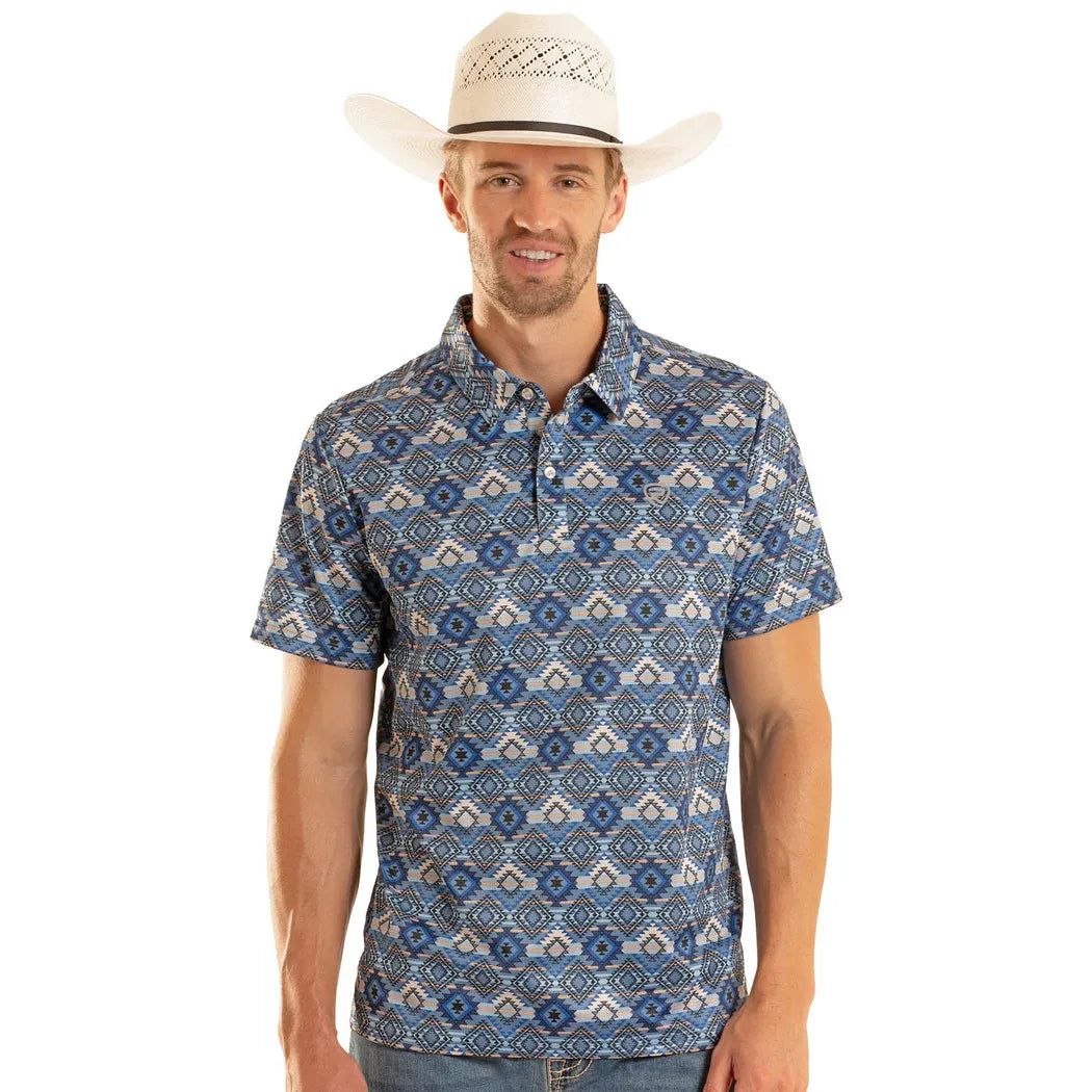 Rock &amp; Roll Mens Aztec Printed Short Sleeve Polo Shirt - Blue
