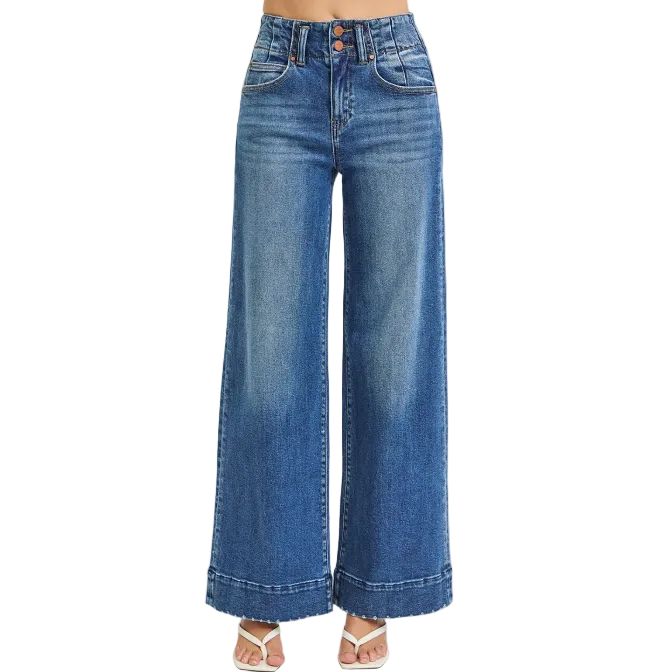 Risen Women's High Rise Ankle Wide Seam Detailed Jeans - Dark