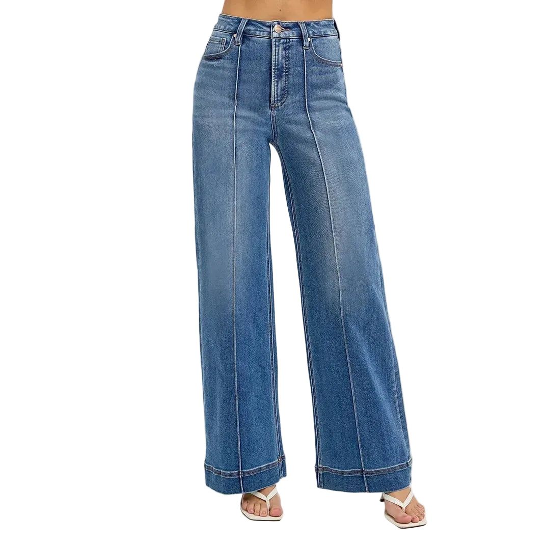 Risen Women's Tummy Control High Rise Ankle Wide Front Pintuck Jeans - Medium