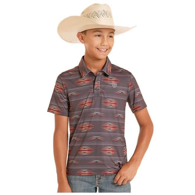 Rock &amp; Roll Boy's Aztec Print Polo Short Sleeve Shirt - Charcoal