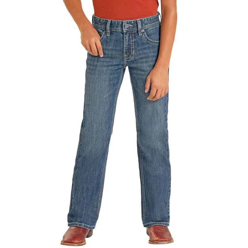 Rock &amp; Roll Boy's Barbed Embroidered Pocket 2 Toned Pleather Bootcut Jeans - Medium Wash