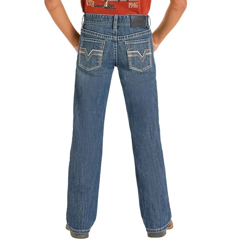 Rock &amp; Roll Boy's Barbed Embroidered Pocket 2 Toned Pleather Bootcut Jeans - Medium Wash