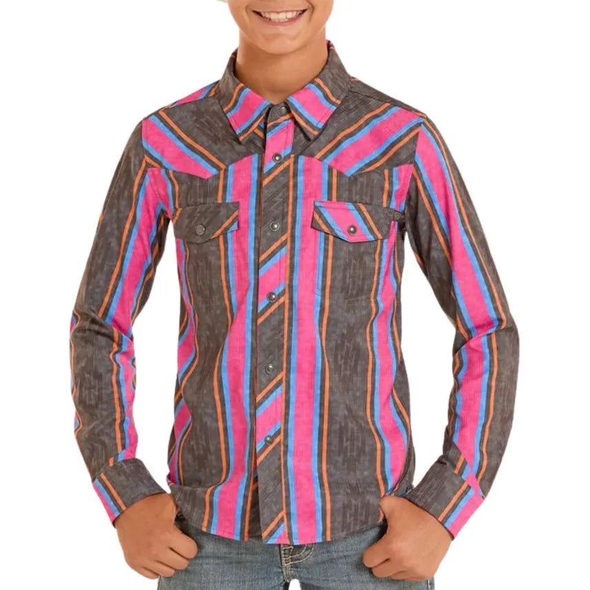 Rock &amp; Roll Boy's Tek Ripstop Stripes Print Long Sleeve Snap Shirt - Black