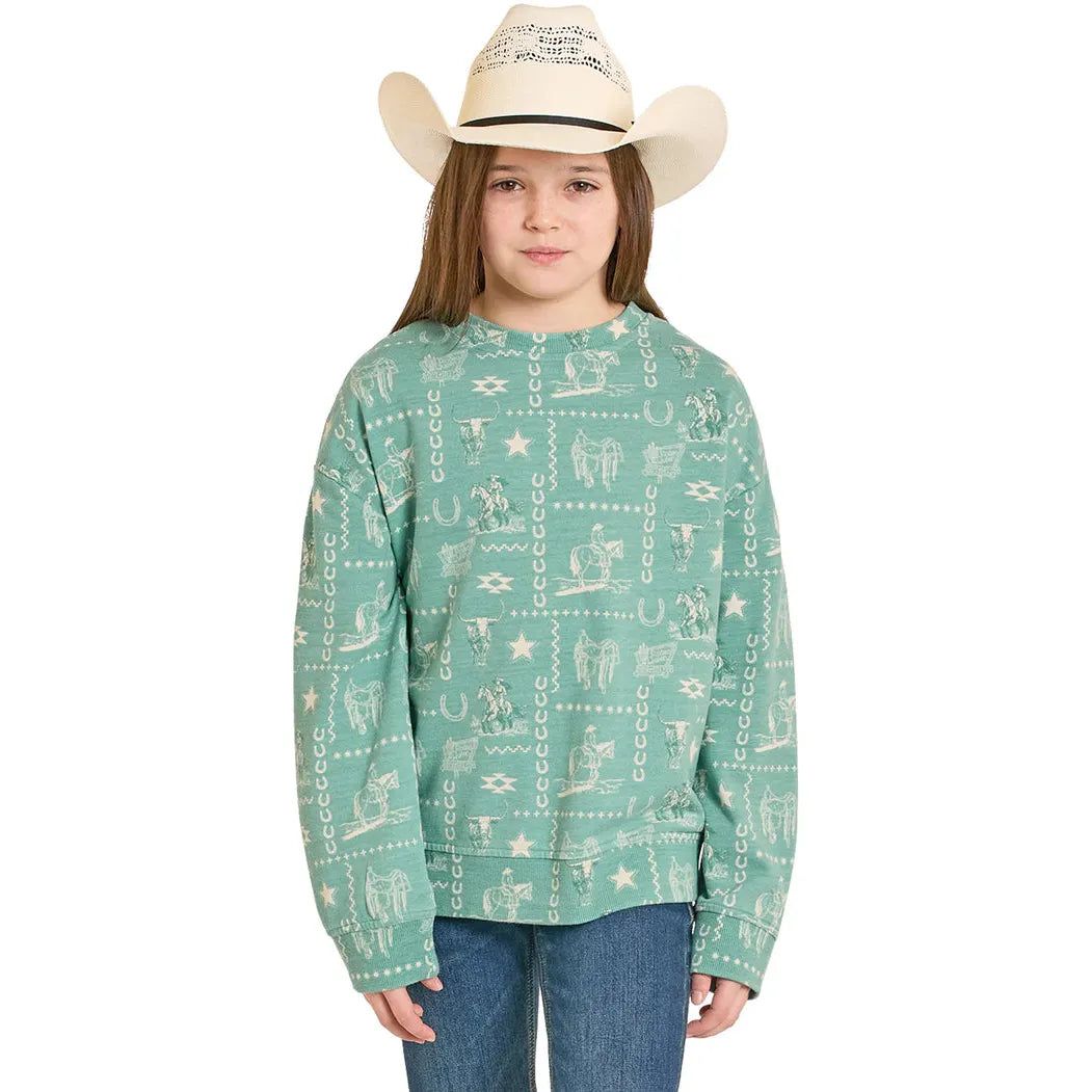Rock &amp; Roll Girls Conversational Western Pattern Graphic Print LS Pullover - Turquoise