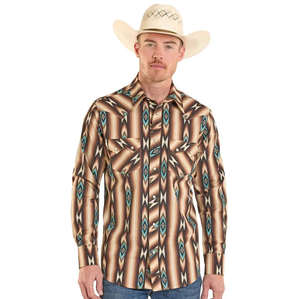 Rock &amp; Roll Men's Aztec Stripe Printed Long Sleeve Snap Shirt - Dark Brown