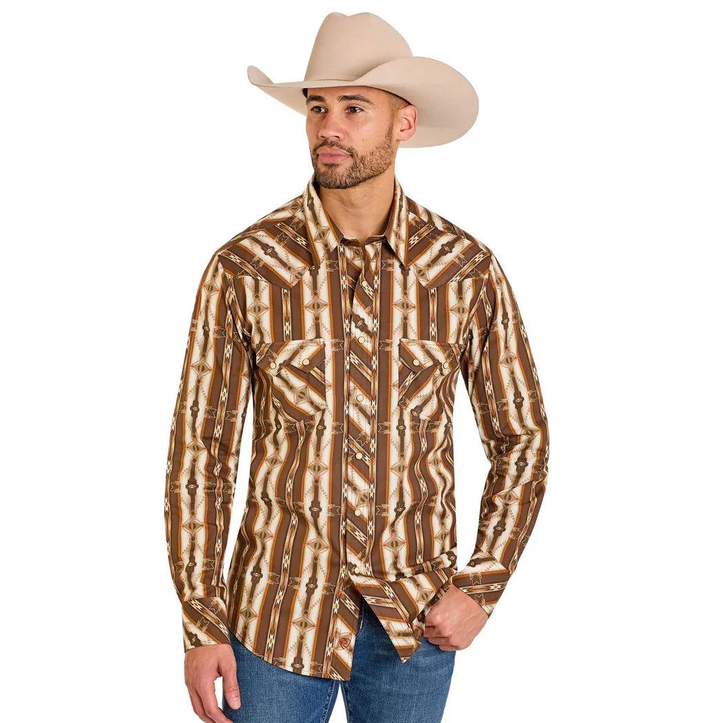 Rock &amp; Roll Men's Dusty Heritage Aztec Printed Long Sleeve Snap Shirt - Dark Brown