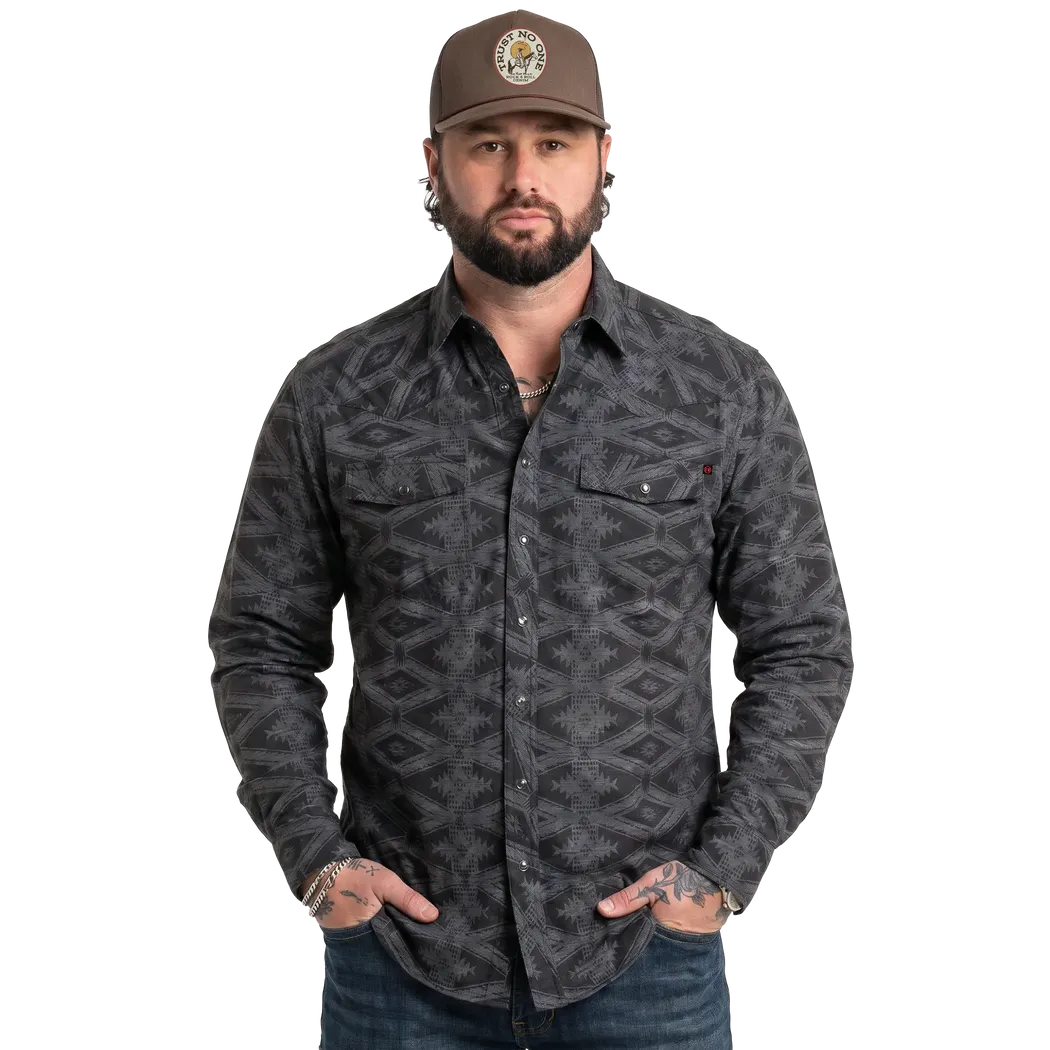 Rock &amp; Roll Men's Koe Wetzel X Tek Western Aztec Long Sleeve Shirt - Charcoal