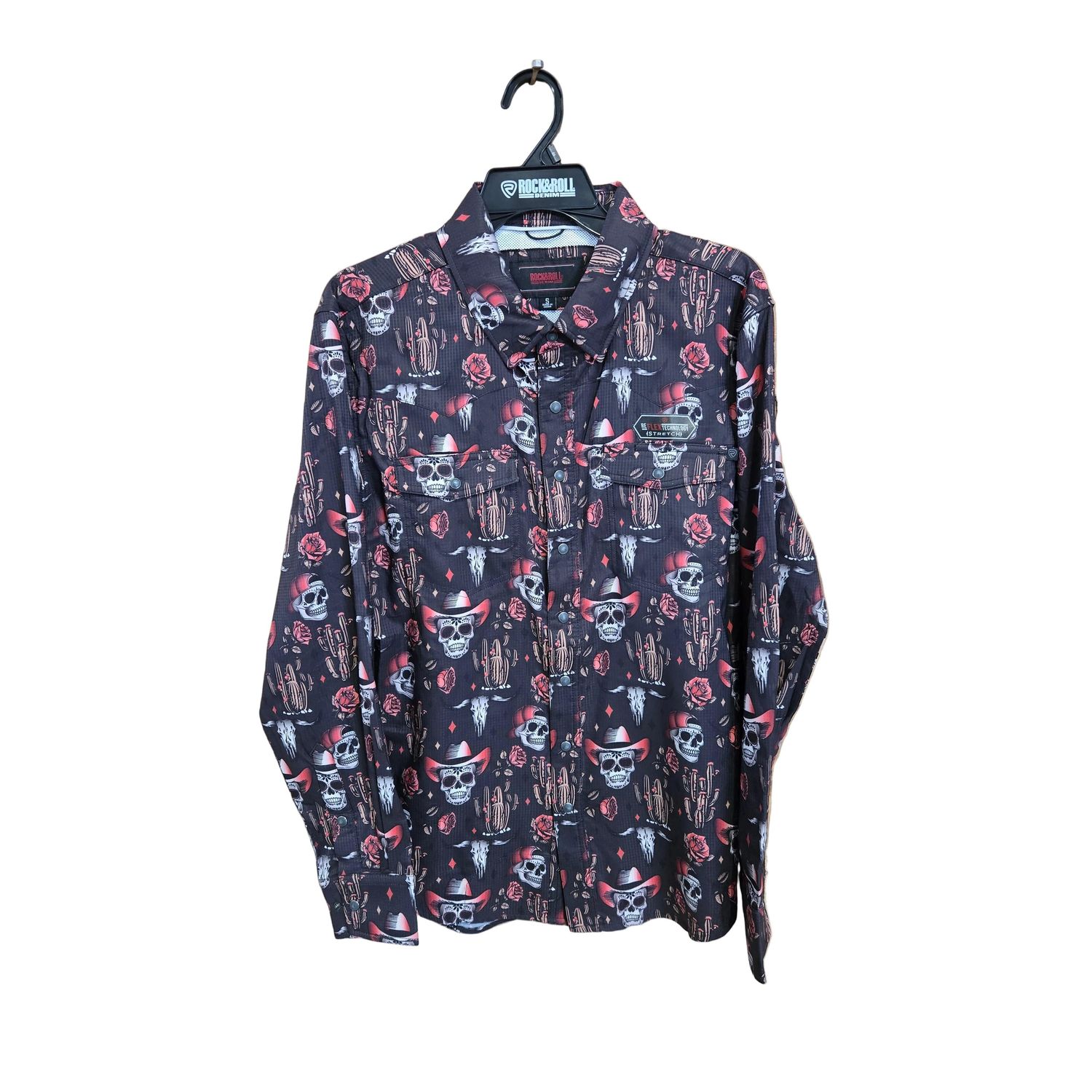 Rock &amp; Roll Men's Novelty Bull Skulls Tek Western Long Sleeve Snap Shirt - Charcoal