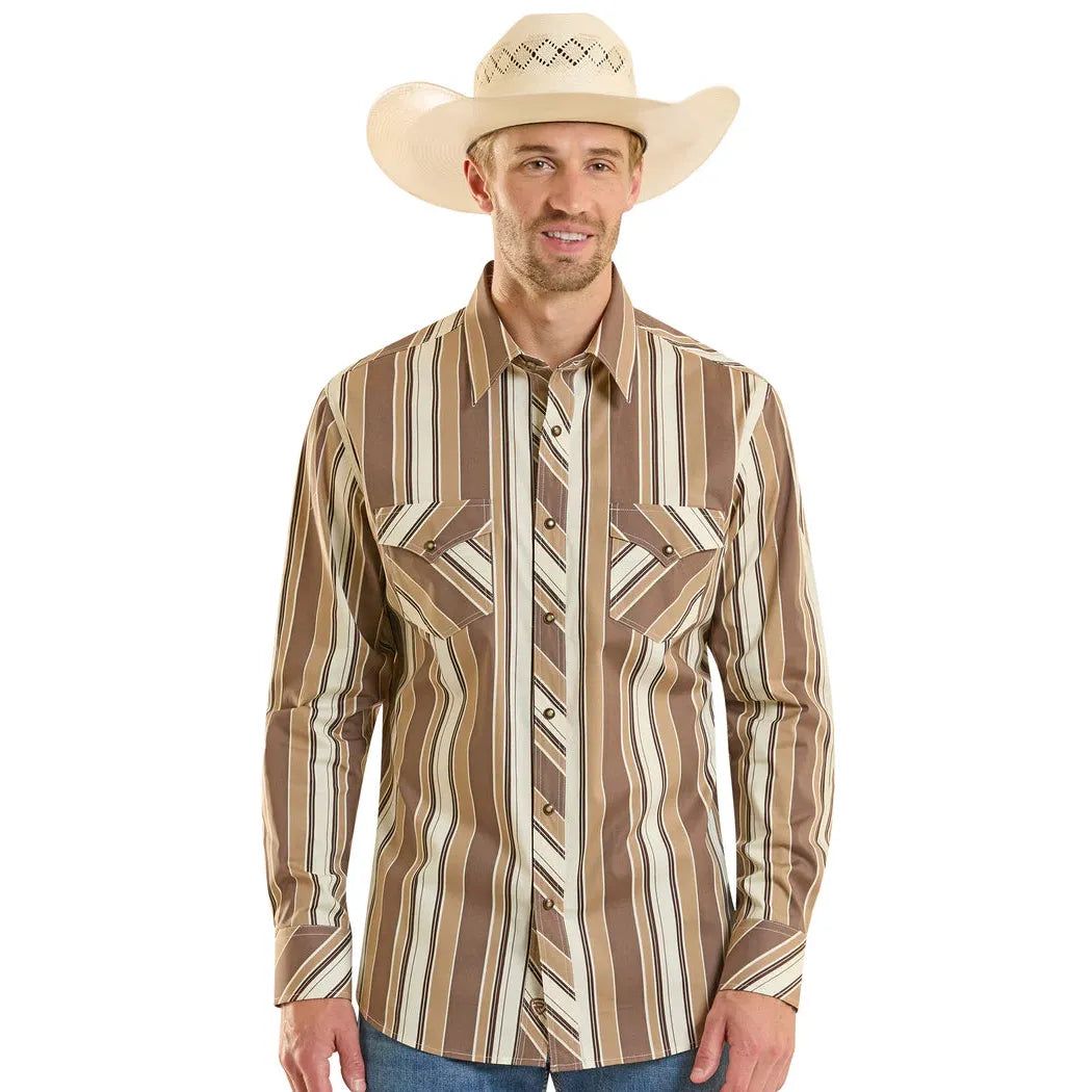 Rock &amp; Roll Men's Slim Fit Long Sleeve Stripe Snap Shirt - Brown