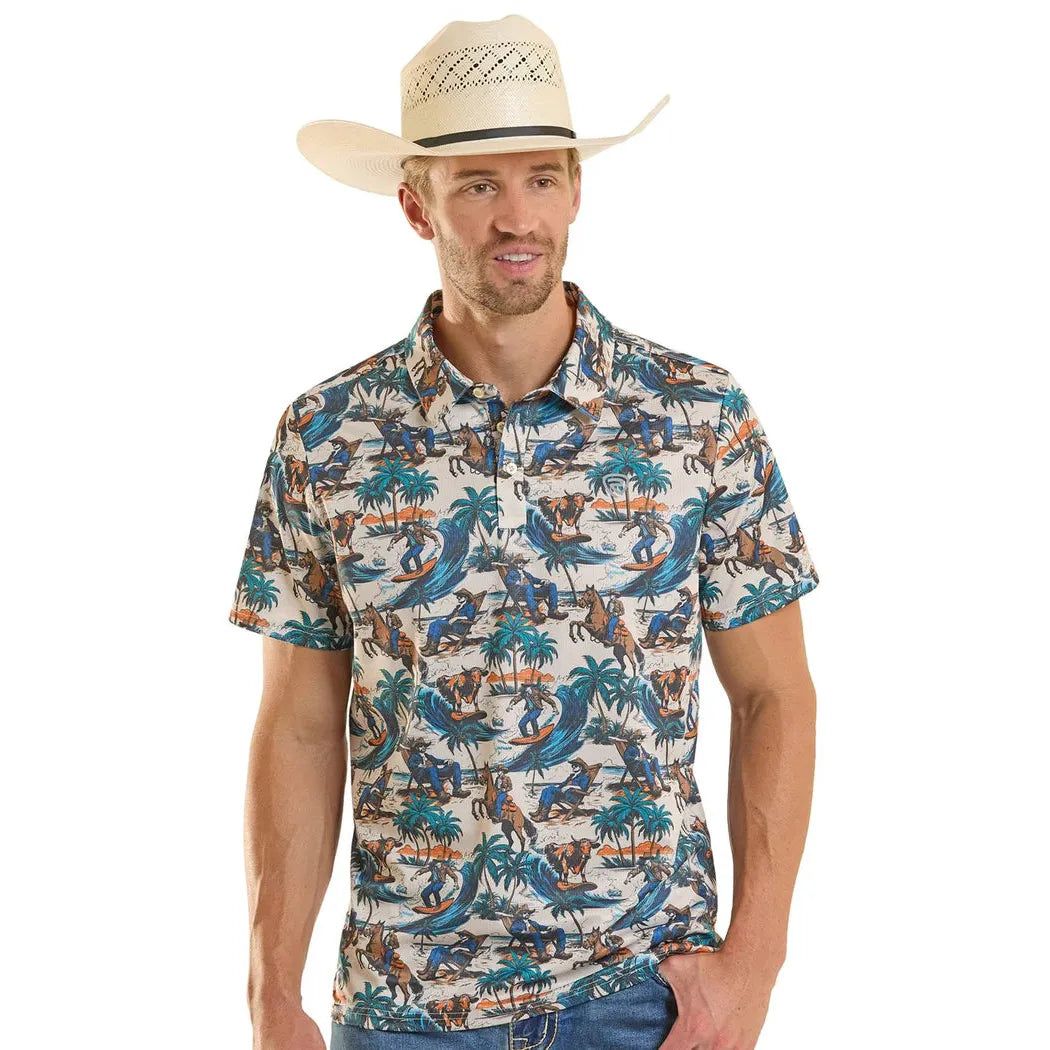 Rock &amp; Roll Men's Surfing Cowboy Print Short Sleeve Polo Shirt - Multi Colour