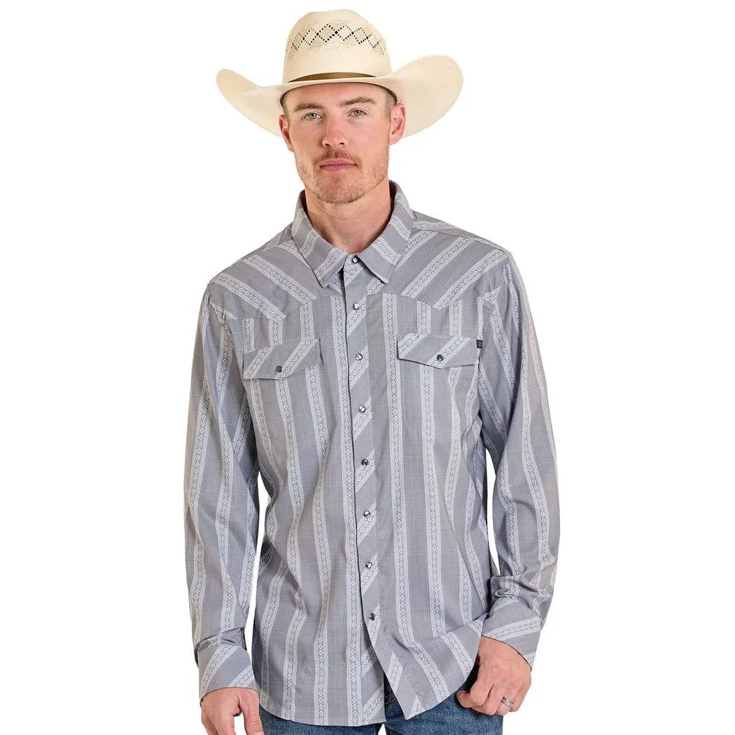 Rock &amp; Roll Men's Tek Western Classic Dobby Stripe Long Sleeve Snap Shirt - Dark Grey