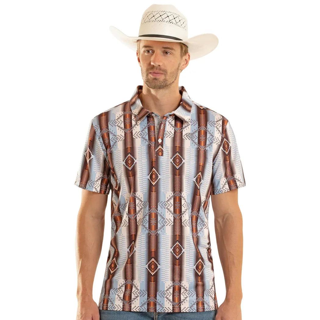Rock &amp; Roll Men's Vertical Aztec Printed Short Sleeve Polo Shirt - Blue